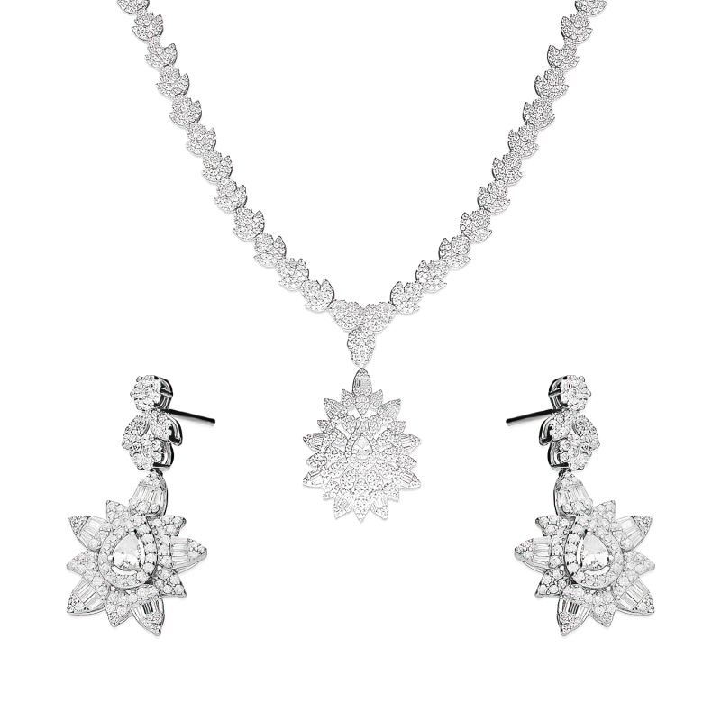 Komplet srebrny naszyjnik i kolczyki deltoid z białymi cyrkoniami