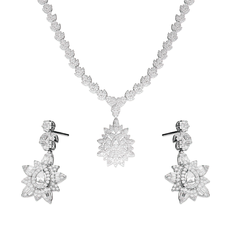 Komplet srebrny naszyjnik i kolczyki deltoid z białymi cyrkoniami