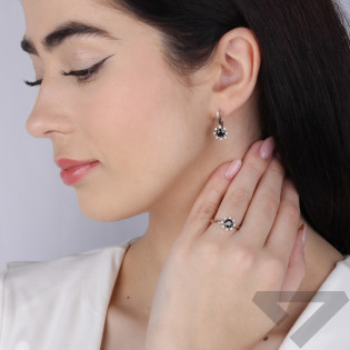 Kolczyki srebrne kwiat z czarną cyrkonią i złotą blaszką