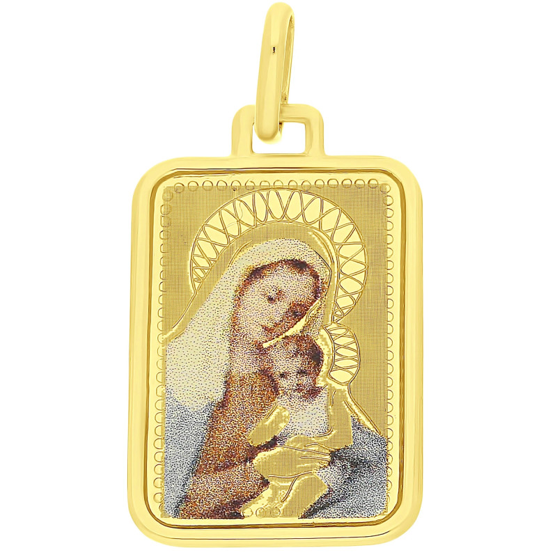 Medalik złoty z Matką Boską emaliowaną w prostokącie próba 585