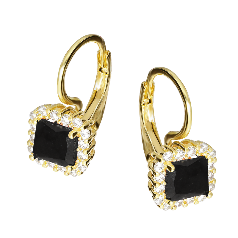Kolczyki złote kwadratowa markiza z czarną cyrkonią