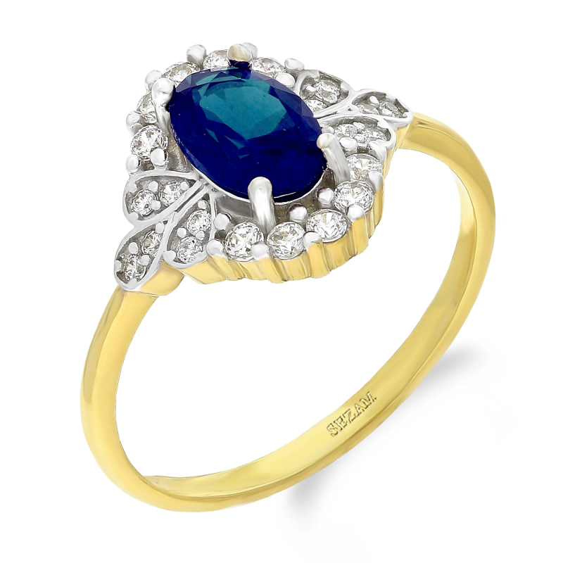 Pierścionek złoty z szafirową cyrkonią