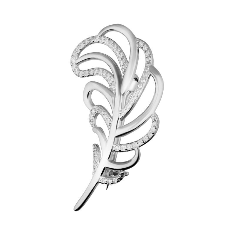 Broszka srebrna liść z białymi cyrkoniami