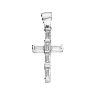 Krzyżyk srebrny z białymi cyrkoniami bagietami