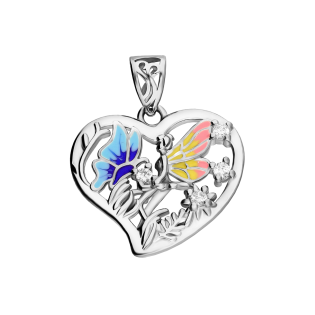 Serduszko srebrne z motylem i wróżką z emalią