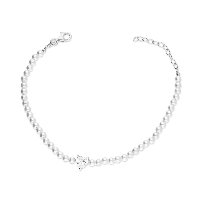Bransoleta srebrna z białymi perłami i sercem z cyrkonii