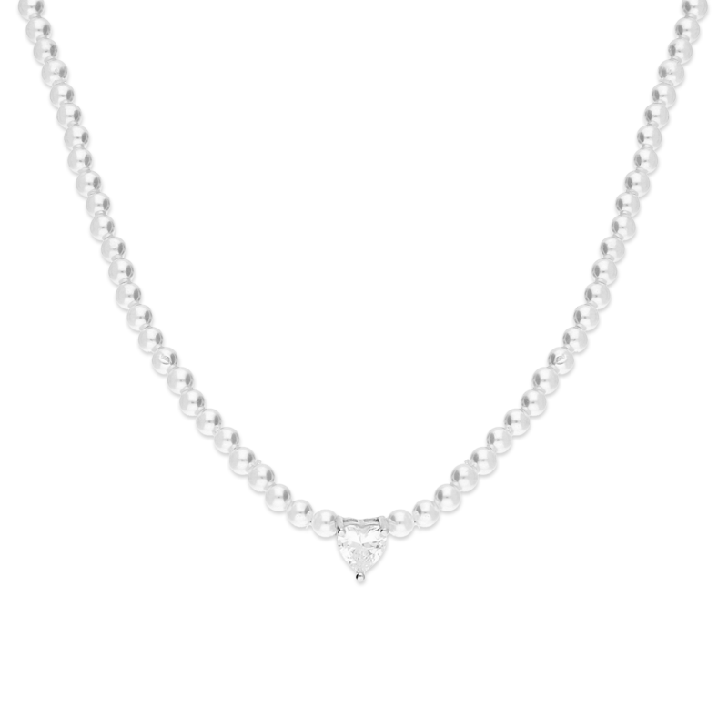 Naszyjnik srebrny z białymi perłami i sercem z cyrkonii