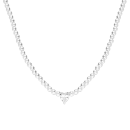Naszyjnik srebrny z białymi perłami i sercem z cyrkonii