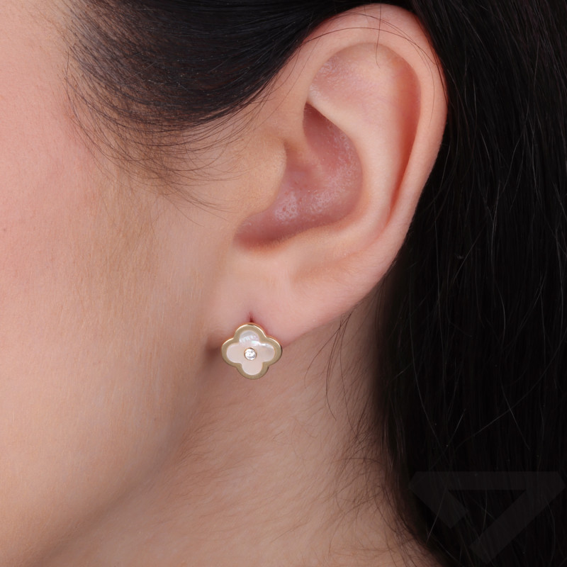 Kolczyki złote koniczyna z masą perłową i cyrkonią