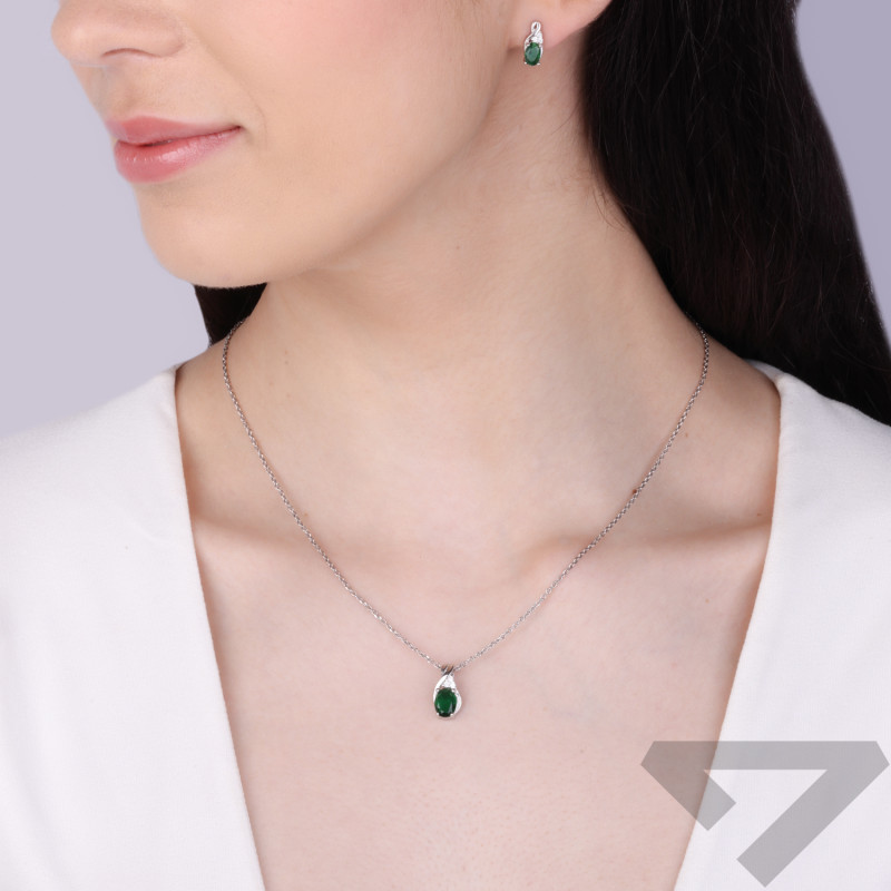 Komplet srebrny kolczyki i zawieszka owalna zielona cyrkonia