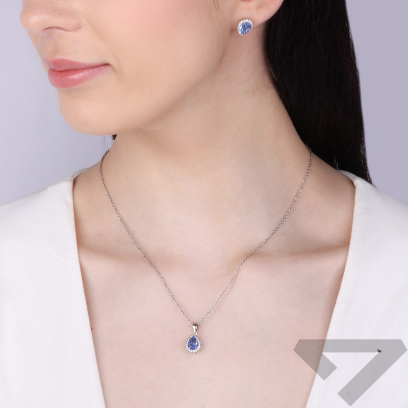 Komplet srebrny kolczyki i zawieszka kropla z niebieską cyrkonią