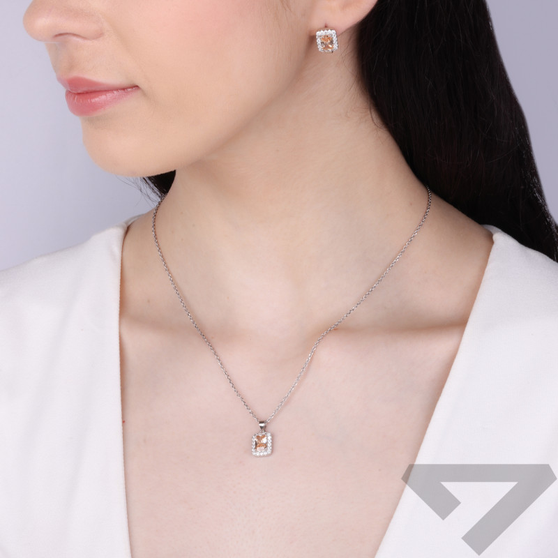 Komplet srebrny kolczyki i zawieszka markiza z pomarańczową cyrkonią