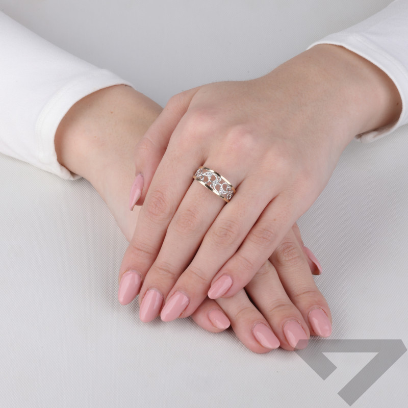 Pierścionek srebrny ażurowy z cyrkoniami i złotą blaszką