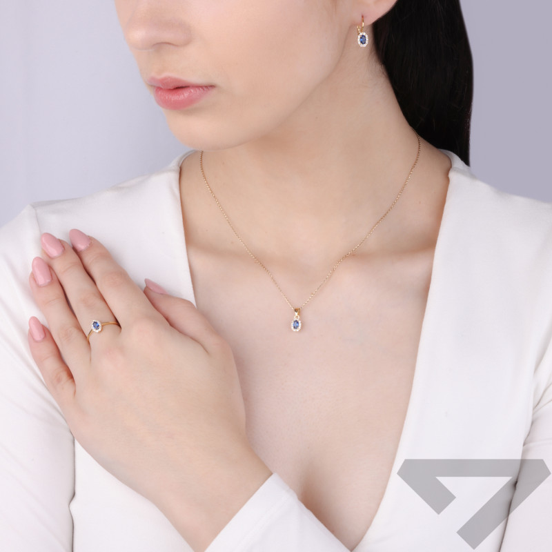 Pierścionek złoty markiza z szafirową cyrkonią