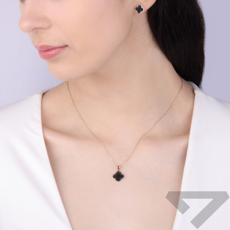 Kolczyki złote koniczyna z czarną masą perłową