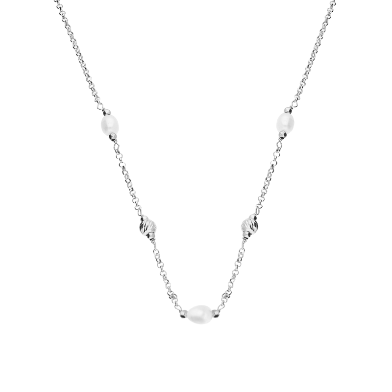 Naszyjnik srebrny z białymi perłami i grawerowanymi kulkami