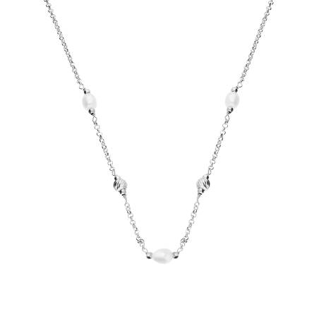 Naszyjnik srebrny z białymi perłami i grawerowanymi kulkami