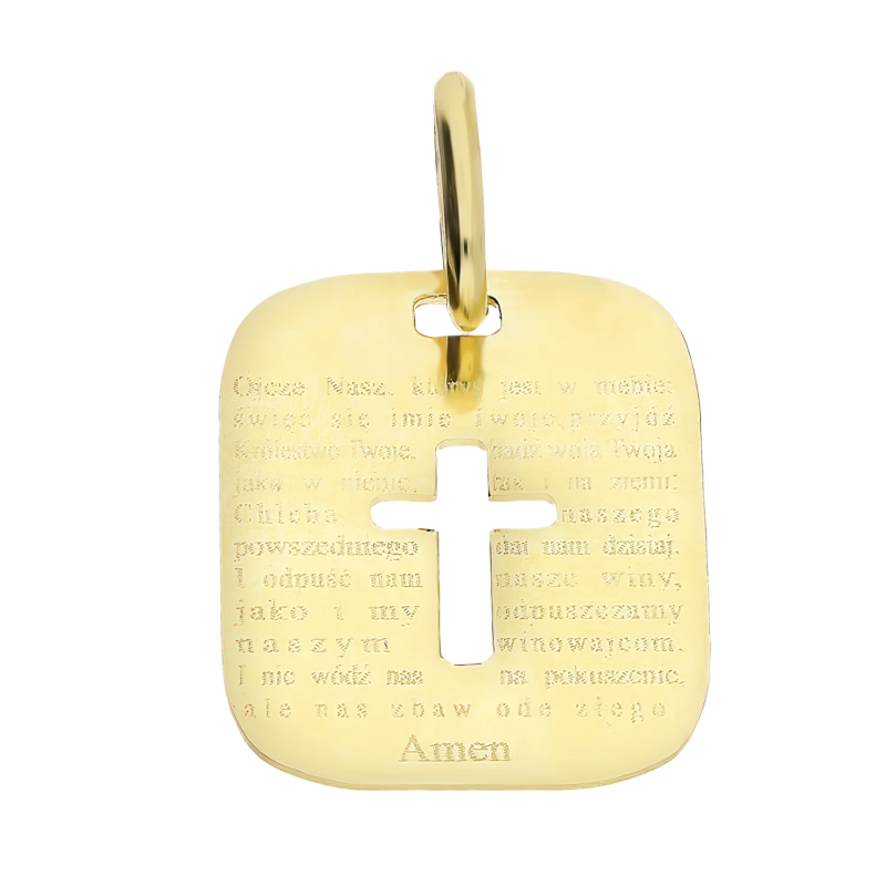 Medalik złoty blaszka z wyciętym krzyżem i modlitwą próba 333