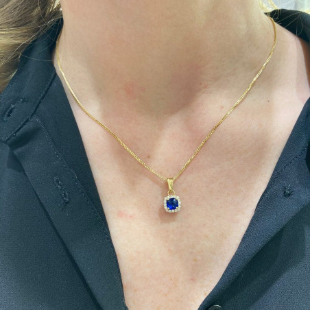 Zawieszka złota markiza kwadrat z cyrkoniami i szafirem jubilerskim próba 585