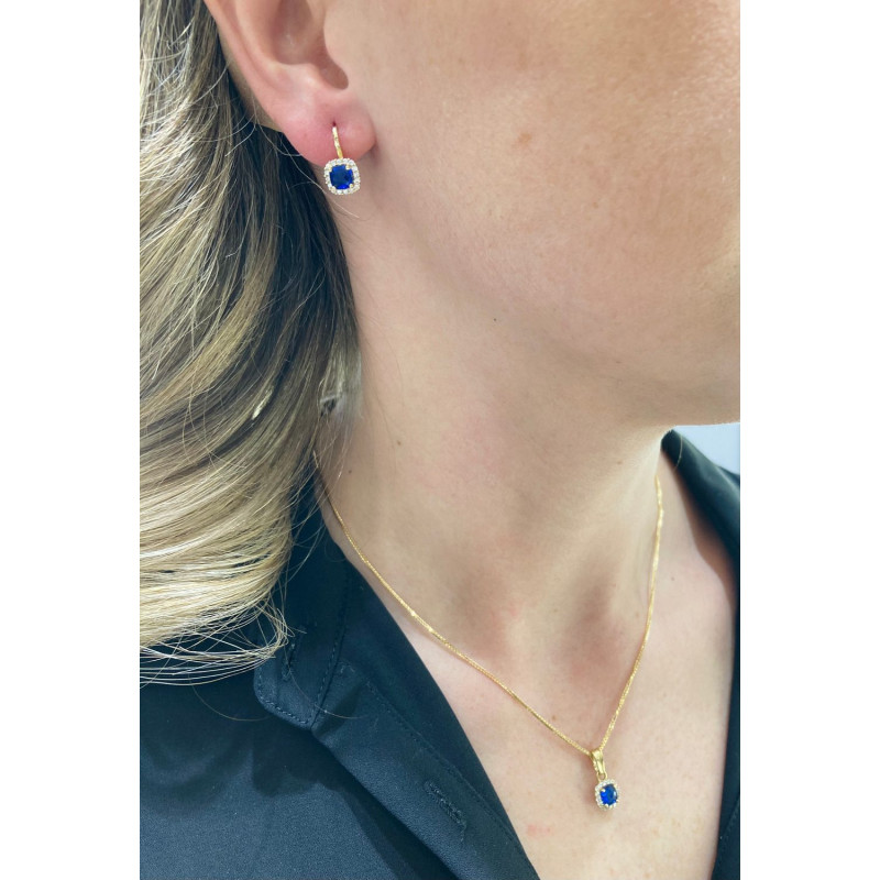 Zawieszka złota markiza kwadrat z cyrkoniami i szafirem jubilerskim próba 585