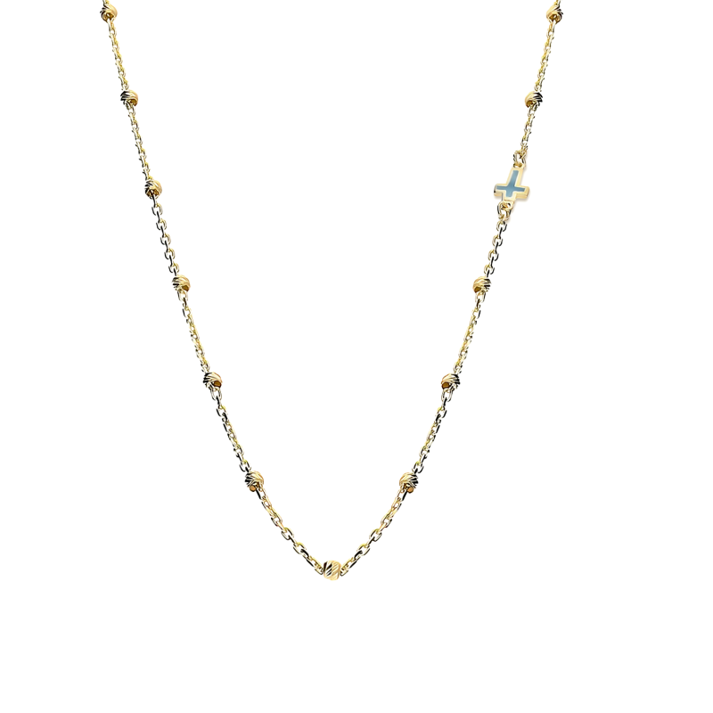 Naszyjnik złoty krzyżyk z niebieską emalią i grawerowane kulki AR X6FOR6N11064-DC-LZM1-LP próba 585