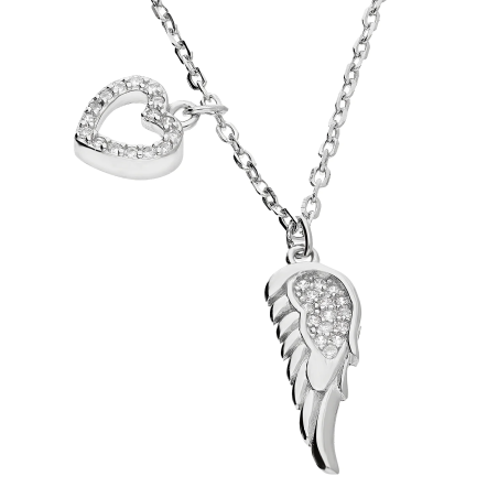 Naszyjnik srebrny serce i skrzydło z cyrkoniami