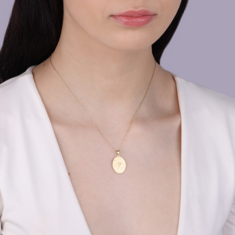 Medalik złoty owalna blaszka z różą i modlitwą o pogodę Ducha próba 585