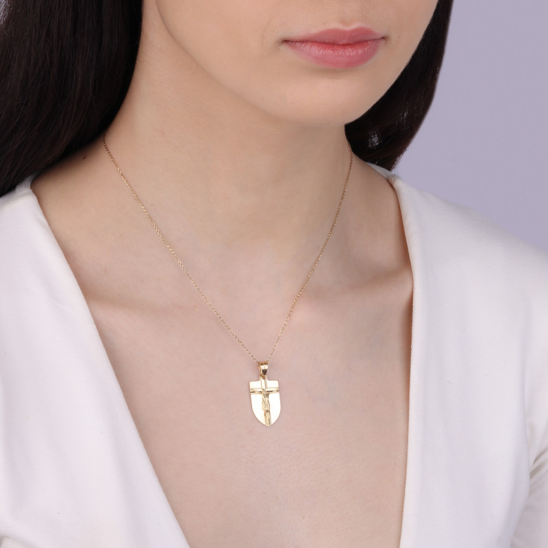 Medalik złoty blaszka z Panem Jezusem na krzyżu próba 585