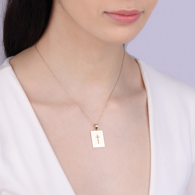 Medalik złoty prostokątna blaszka z modlitwą i wyciętym krzyżem