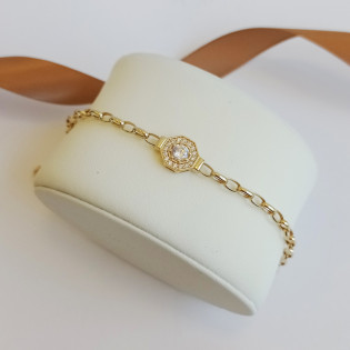 Bransoleta złota ośmiokąt z białymi cyrkoniami na łańcuszku rolo