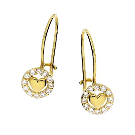 Kolczyki złote dla dziewczynki serce w kole z cyrkoniami próba 585