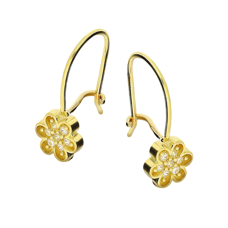 Kolczyki złote dla dziewczynki kwiatek z białymi cyrkoniami próba 375