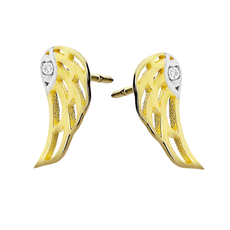 Kolczyki złote ażurowe skrzydło z białą cyrkonią/sztyft MZ T45-E-FK1130-CZ próba 375