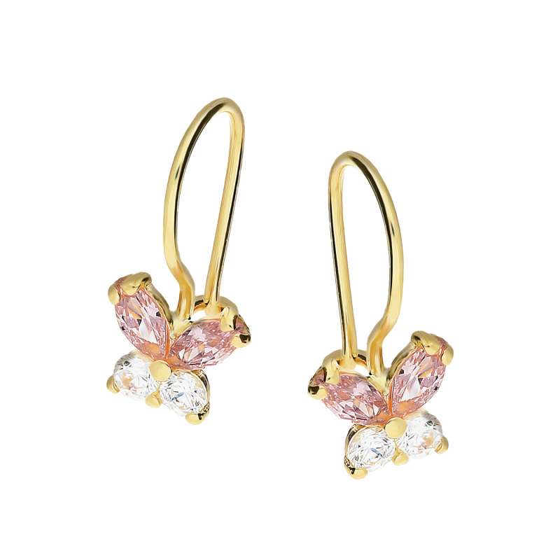 Kolczyki złote dla dziewczynki motyl z różowymi cyrkoniami próba 375
