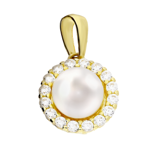 Wisiorek złoty z białą perłą i cyrkoniami wokół próba 585