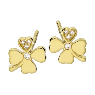 Kolczyki złote koniczynka z białymi cyrkoniami i łodygą próba 585