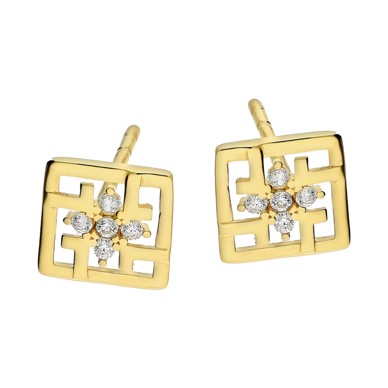 Kolczyki złote ażurowy kwadrat z białymi cyrkoniami/sztyft próba 585