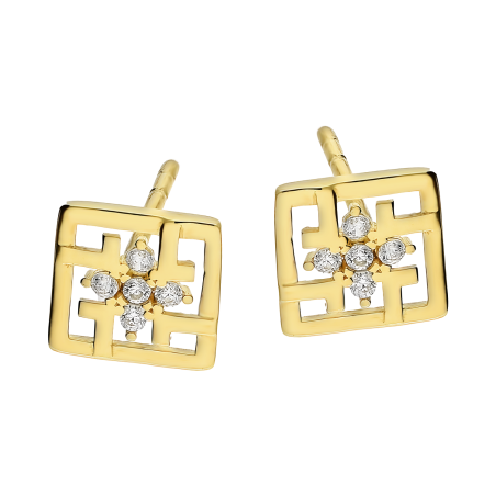 Kolczyki złote ażurowy kwadrat z białymi cyrkoniami/sztyft próba 585
