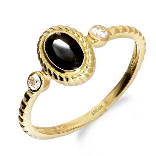 Pierścionek złoty owalna czarna cyrkonia i białe cyrkonie MZ T23-E-1491-885-6X4-BCZ próba 585