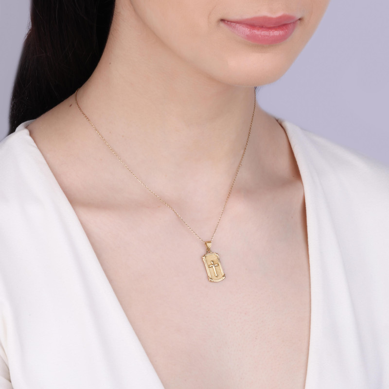 Medalik złoty matowa blaszka z krzyżem próba 375