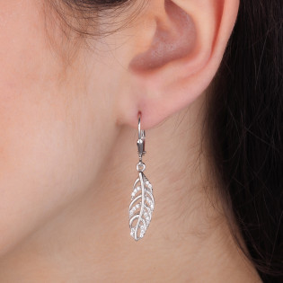 Kolczyki srebrne ażurowy liść z cyrkoniami, srebro 925