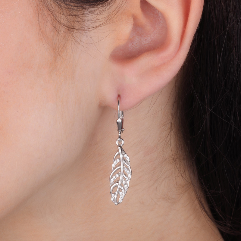 Kolczyki srebrne ażurowy liść z cyrkoniami, srebro 925