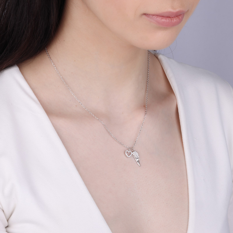 Naszyjnik srebrny serce i skrzydło z cyrkoniami