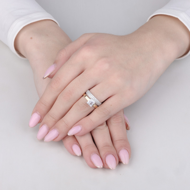 Pierścionek srebrny podwójny z cyrkoniami