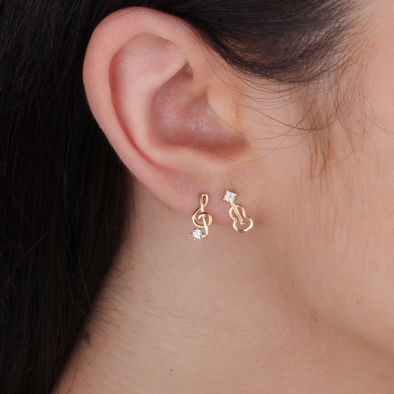 Kolczyki złote klucz wiolinowy i skrzypce z cyrkonią próba 585