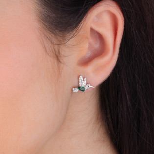 Kolczyki srebrne koliber z zieloną i białymi cyrkoniami