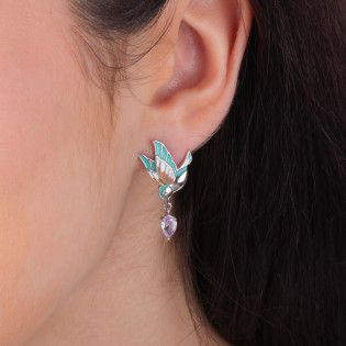 Kolczyki srebrne koliber z emalią i cyrkonią