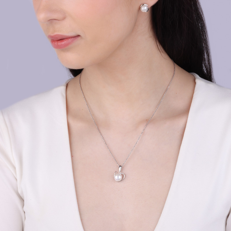 Komplet srebrny kolczyki i zawieszka z białą perłą