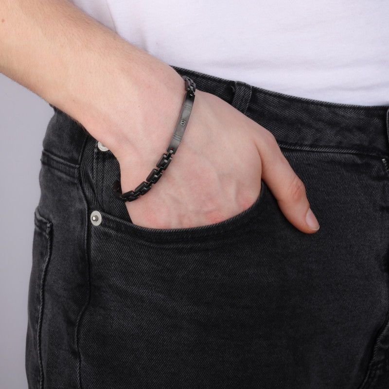 Bransoleta męska blaszka z czarną cyrkonią