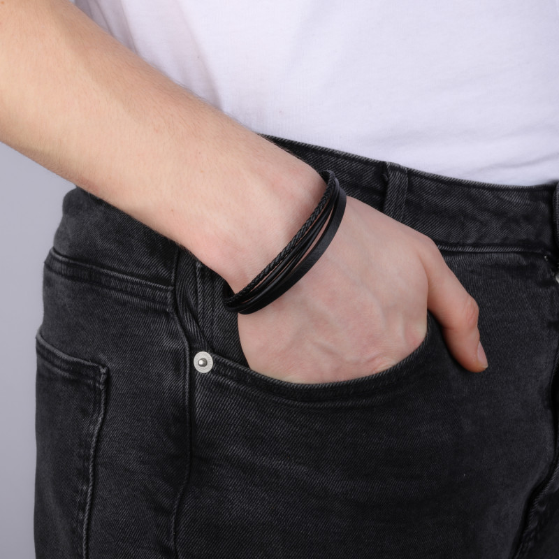 Bransoleta męska ze skórzanymi czarnymi paskami